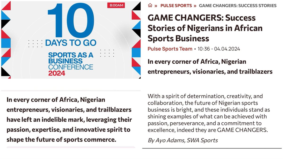 Ayo Adams (@ayoadamss) on Twitter photo As we start our final countdown to the <a href="/SWASportsAfrica/">SWA Sports</a> Sports as a business conference, we highlight the success stories of Nigerians in African sports business.
To read up my piece on <a href="/PulseSportsNG/">Pulse Sports Nigeria</a> ,
click the link below 👇🏾
pulsesports.ng/pulse-sports/s… As we start our final countdown to the <a href="/SWASportsAfrica/">SWA Sports</a> Sports as a business conference, we highlight the success stories of Nigerians in African sports business.
To read up my piece on <a href="/PulseSportsNG/">Pulse Sports Nigeria</a> ,
click the link below 👇🏾
pulsesports.ng/pulse-sports/s…