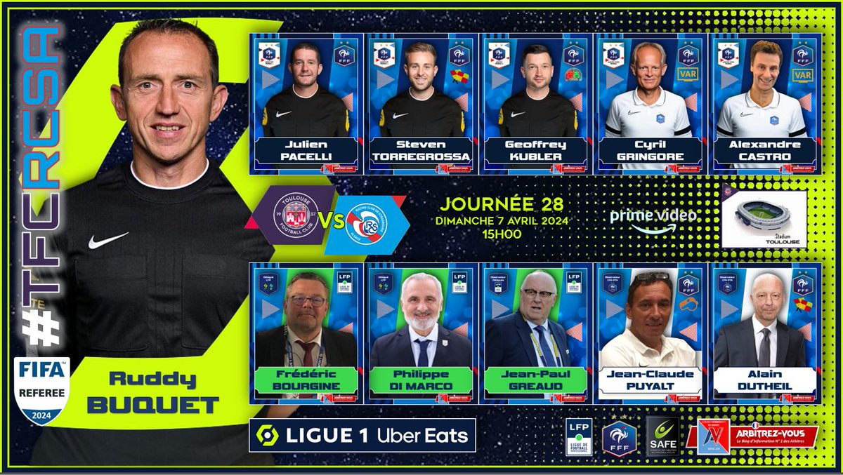 🐓 #FFF #LFP #Ligue1UberEats - Journée 28
#⃣ #TFCRCSA
⚽️ @ToulouseFC  🆚 @RCSA 
🗓️ 07/04/2024
🕖 15H00 CET
🏟️ Stadium - TOULOUSE
📺 @PVSportFR

@ArbitresSAFE @FFF @deux_zero @lequipe @Ligue1UberEats @LFPfr @Ladepechesports @lalsacesports @LesVioletsCom