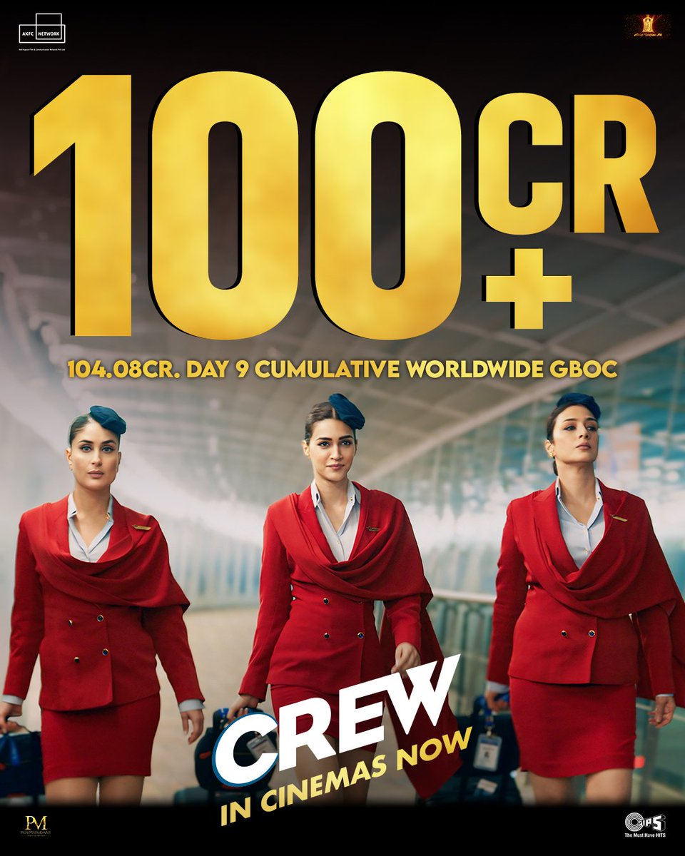 #Crew crosses 100 cr worldwide 🔥
Total 104.08cr 

Week 1 - 47.54 cr

Week 2
Fri - 3.85 cr
Sat - 5.40 cr

Total - 56.78 cr
HIT 🔥
#KareenaKapoorKhan #Tabu #KritiSanon #EktaKapoor #Rheakapoor