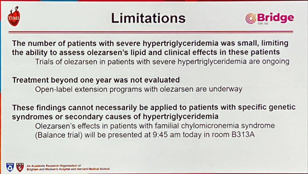Bridge trial #LBCT in #ACC24: olezarsen 50 and 80 mg to reduce tryglicerides. In patients with largely hypertrigliceridemia and elevated CV risk, olezarsen monthly dosis reduce 50% levels of T, apo-B and non density lipoprotein cholesterol, markers of atherogenesis.