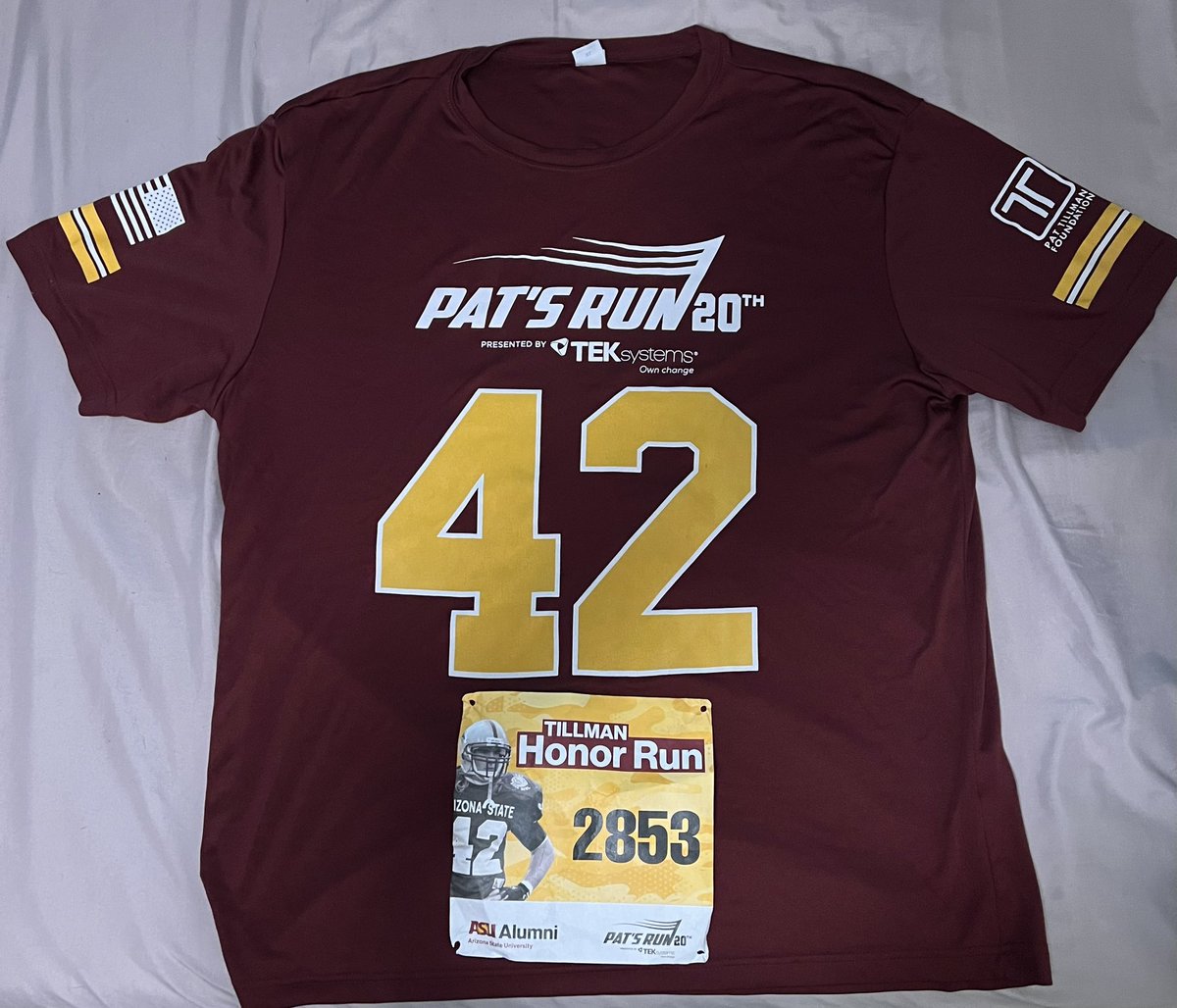 Had a great run yesterday in Oklahoma! Thank you @pattillmanfnd and @ASU alumni for sponsoring the #PatTillmanHonorRun! Pretty sweet shirt, wish @SparkySunDevil was there! #Asualumni #ForksUp 🔱😈