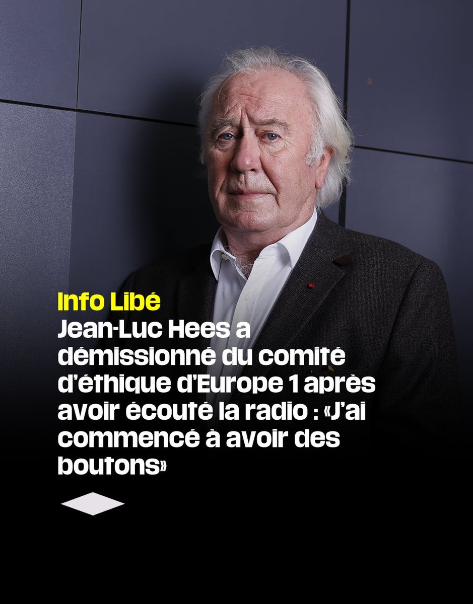 🔴 Recruté en fin d’année 2023 pour veiller aux bonnes pratiques déontologiques d'Europe 1, l’ancien PDG de Radio France Jean-Luc Hees indique à @Libe avoir quitté l’instance en février, rebuté par la ligne éditoriale de la radio.

Lire : bit.ly/4aoR5jM