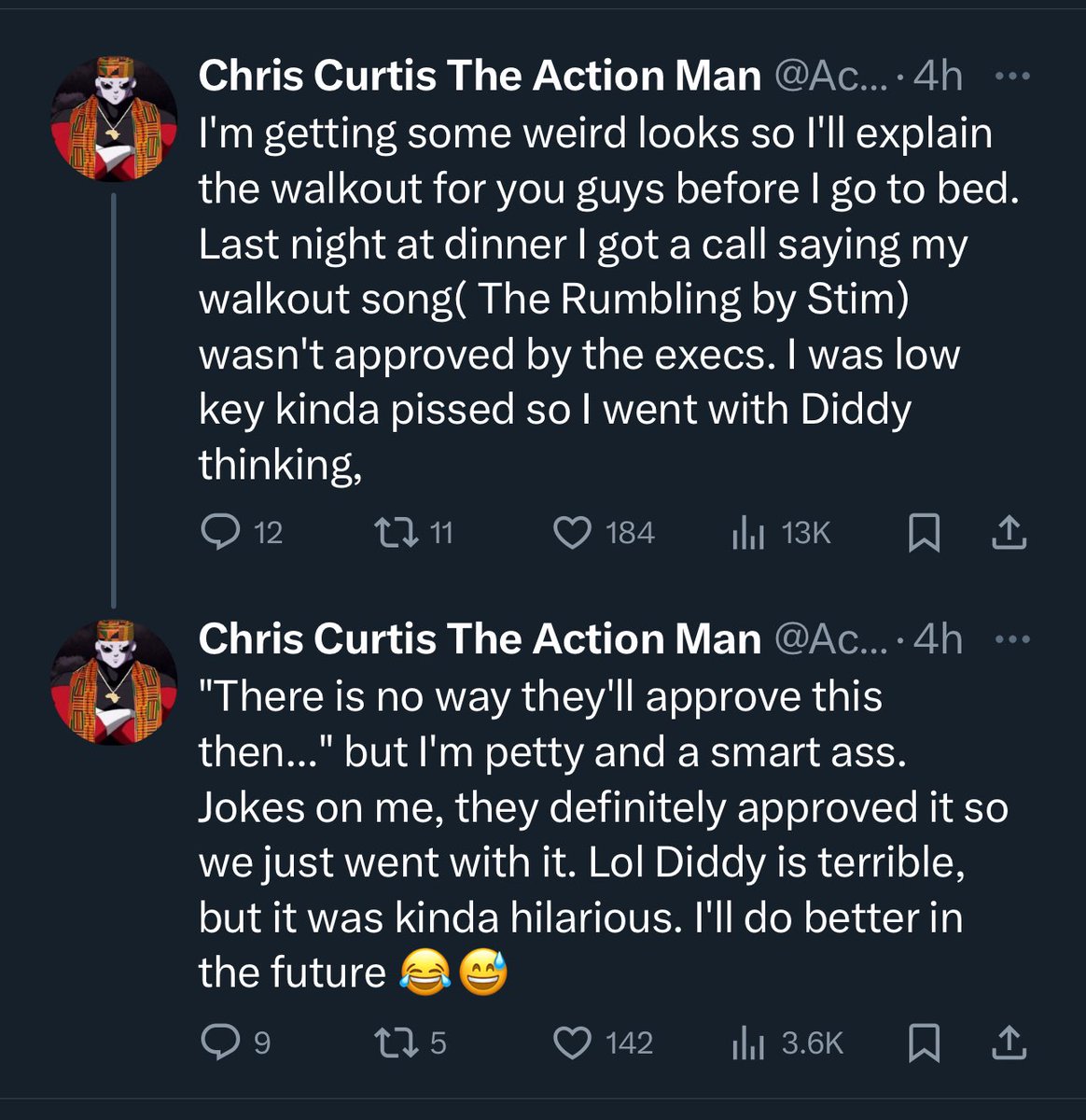 Chris Curtis's explanation for walking out to a Diddy song is incredible