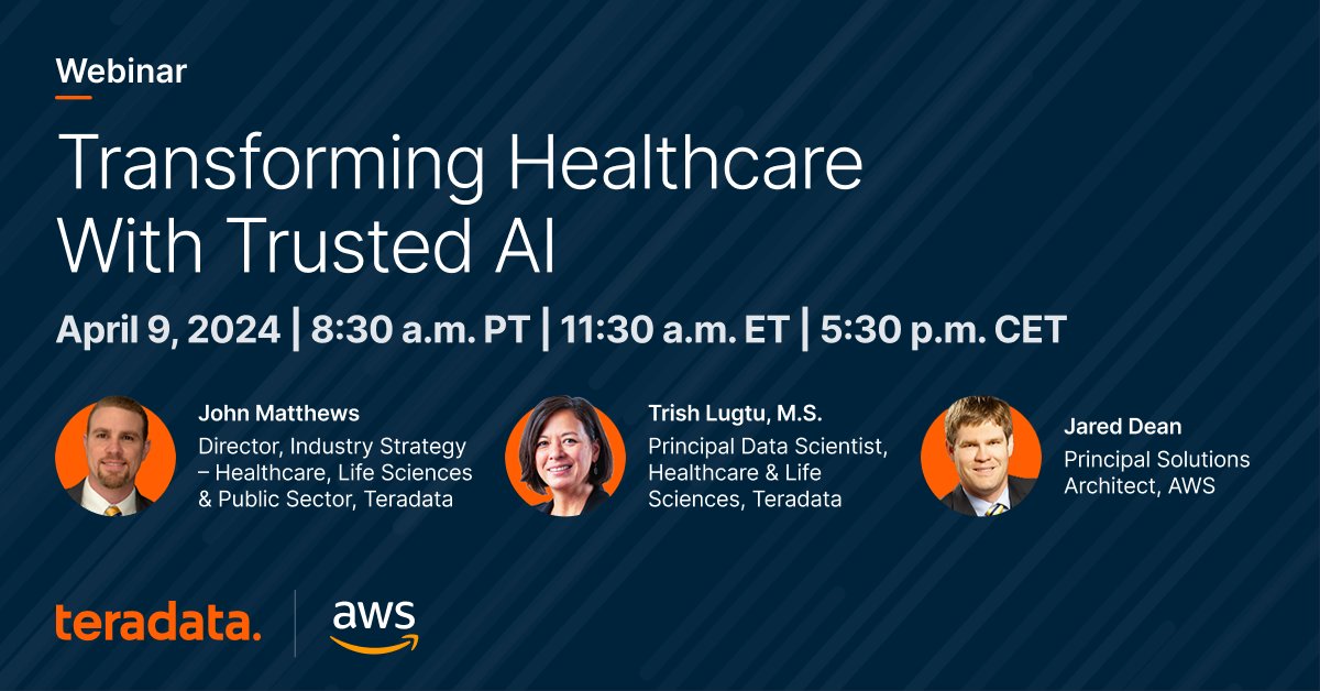 Healthcare leaders: See how your peers are leveraging Trusted AI and cloud data architecture to control costs and improve the quality of patient care and related services. Register today. ms.spr.ly/6011cF4mx #TeradataAWSPartnership #TeradataAWS