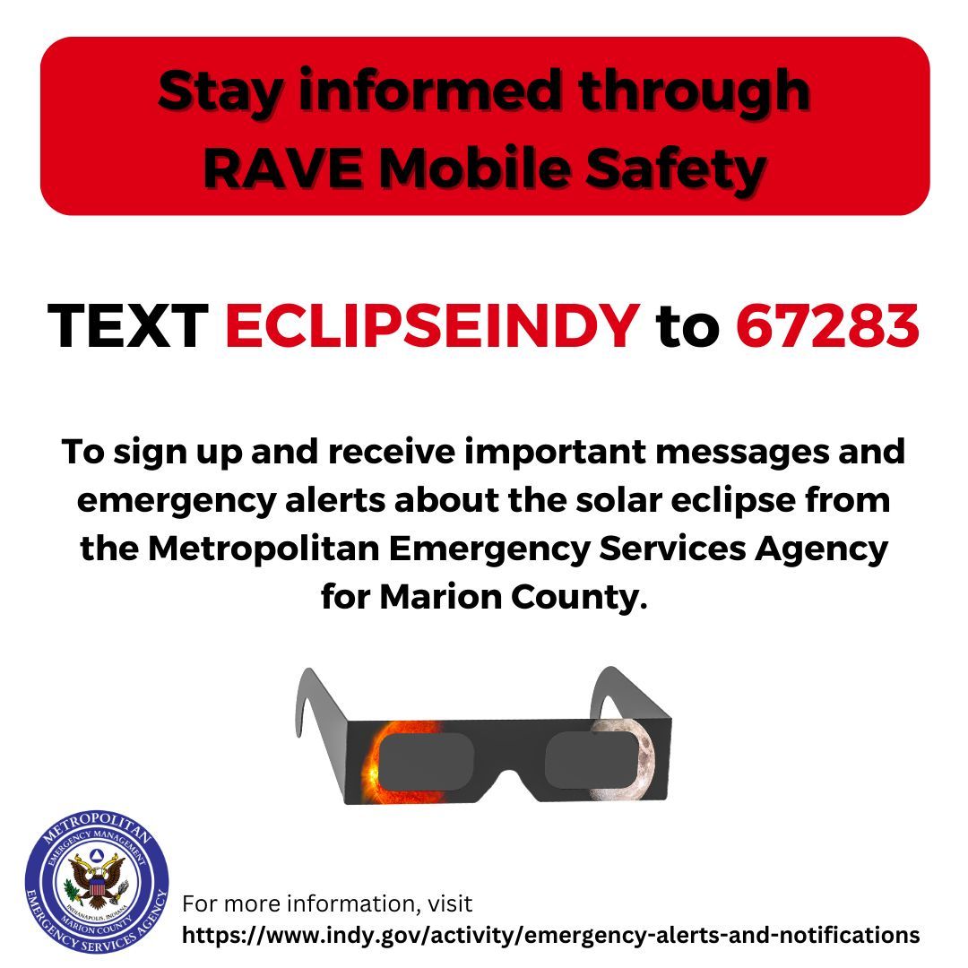 If you haven't already done so, sign up for Marion County #eclipse public safety alerts & notifications by texting 'ECLIPSEINDY' at 67283. Learn more about other Marion County eclipse resources here: buff.ly/3PJvoTa