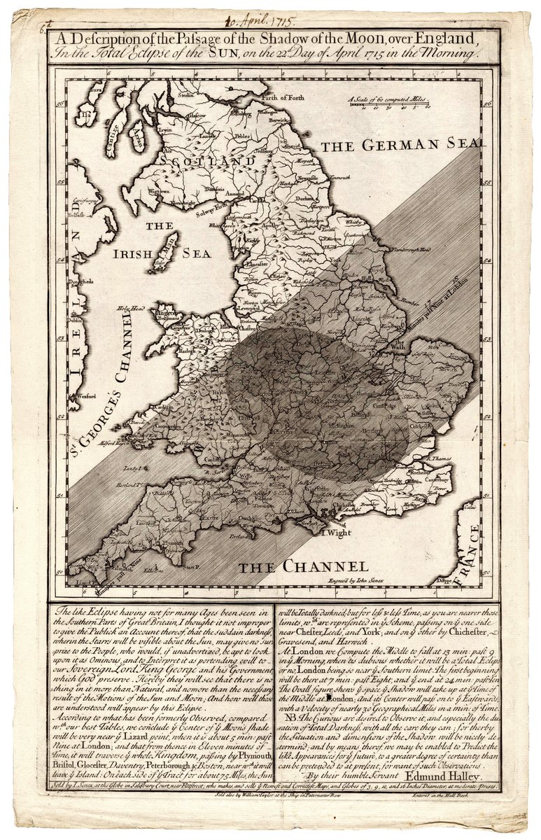 Days before the April 22, 1715 solar eclipse, astronomer Edmond Halley published the timing and location of the path of totality. His map turned out to be quite accurate—off by only about 20 miles on the northern edge. quantamagazine.org/how-the-ancien…