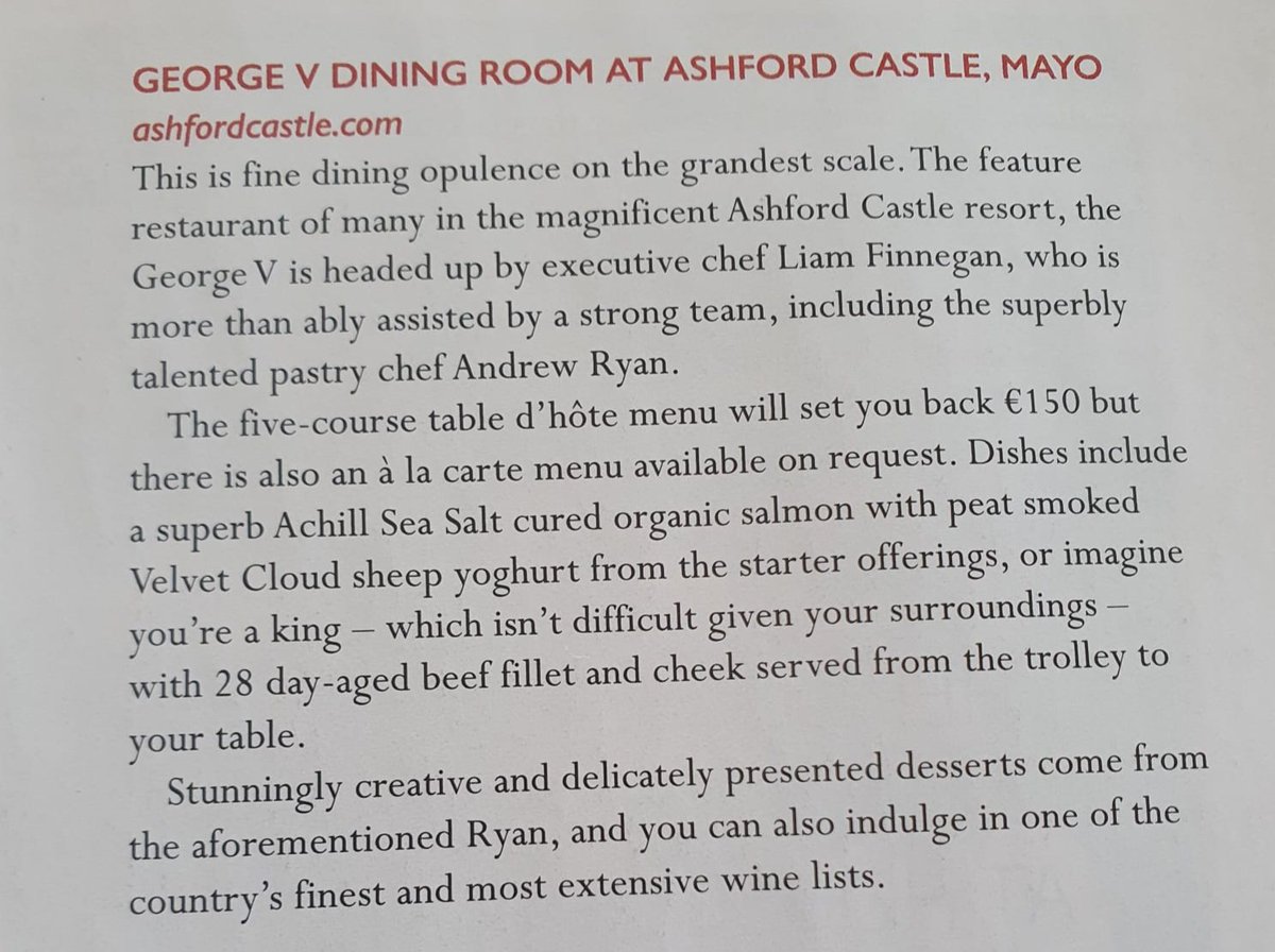 We are delighted for the George V Dining Room to be included in the @foodandwineIE @businessposthq 101 Great Irish Restaurants! #AshfordCastle #RedCarnationHotels @liamofinnegan @bobbybowe66