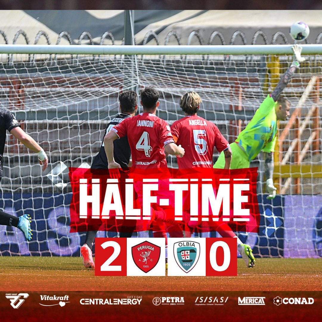 ACPerugiaCalcio's tweet photo. FINE 1^ TEMPO! 

Doppio vantaggio al #Curi! 

#forzagrifo @LegaProOfficial #PerugiaOlbia #PEROLB #SerieCNOW https://t.co/dMzT8LGhnL