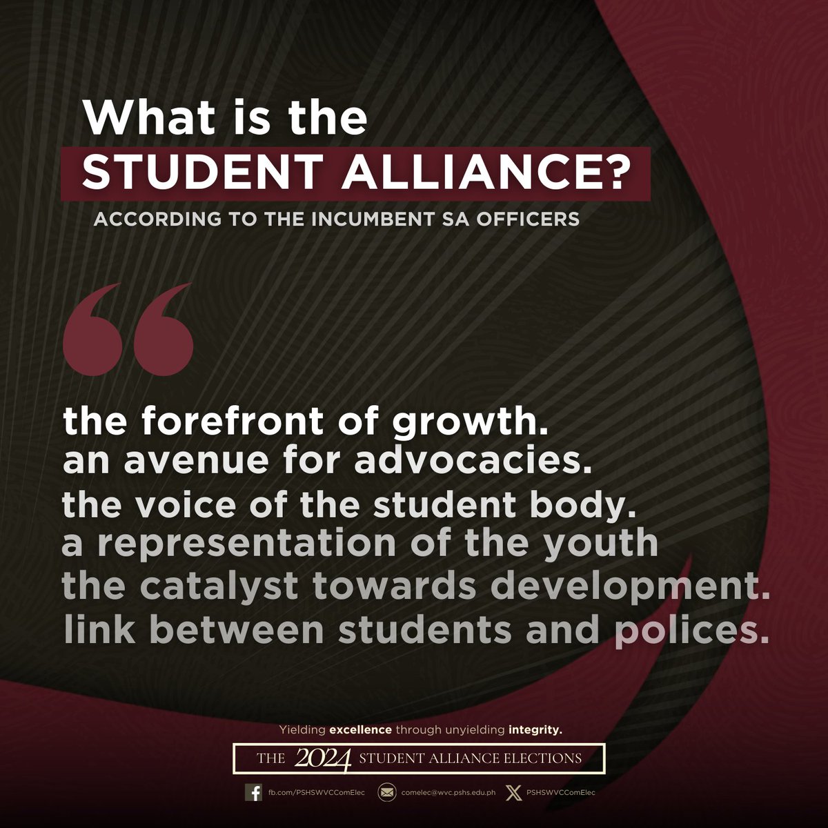 PSHSWVCComElec's tweet image. 𝗧𝗛𝗘 𝗦𝗧𝗨𝗗𝗘𝗡𝗧 𝗔𝗟𝗟𝗜𝗔𝗡𝗖𝗘 is a group of elected PSHS-WVC scholars aiming to embody and promote the ideals, interests and welfare of the school and the student body. 💥

#SA2024Elections