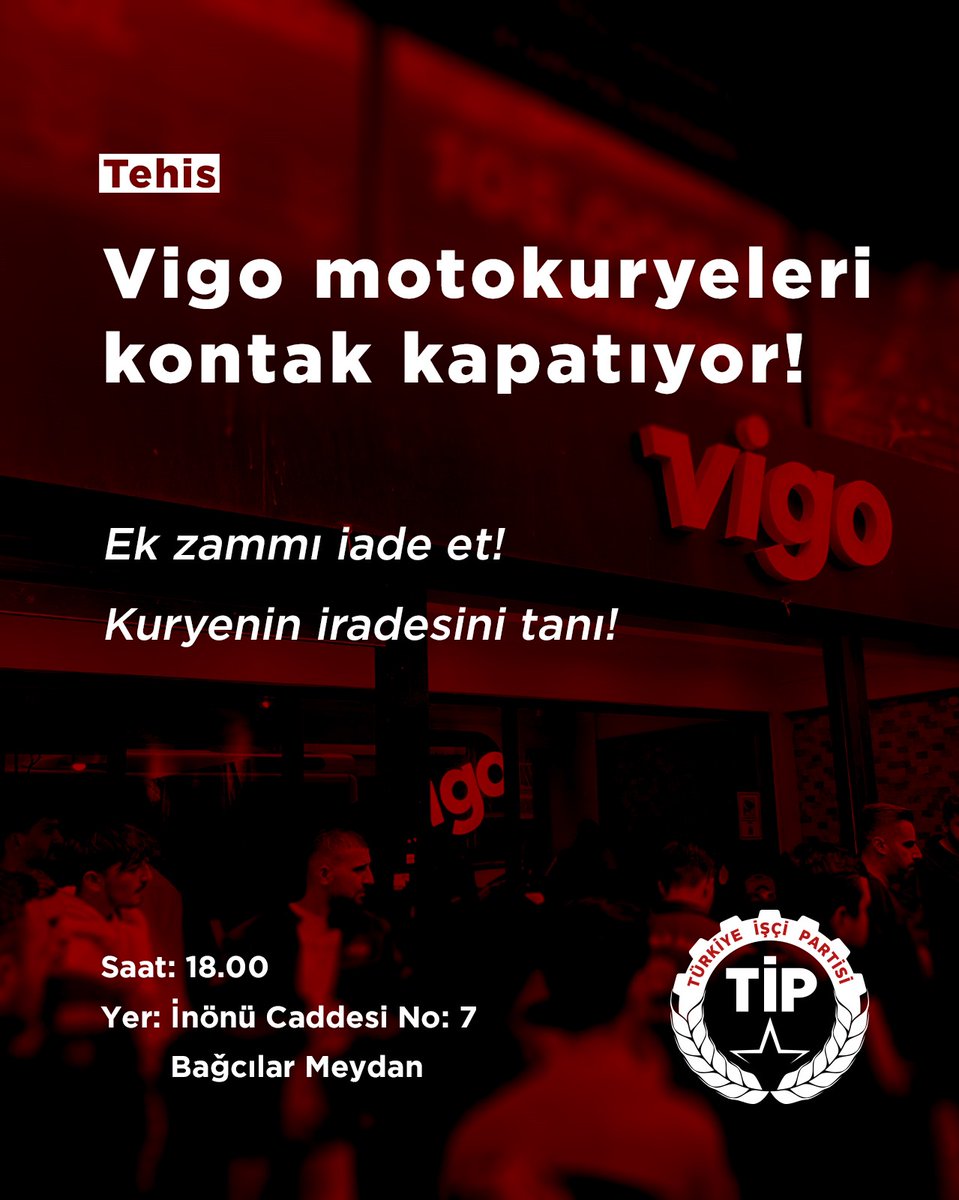 TipEmek's tweet image. Vigo patronu ek zammı gerçi çekti, kuryenin sabrı tükendi! @tehisendikasi ve işçiler bugün saat 18.00&apos;da kontakt kapatıyor, servisi durduruyor. Bağcılar meydanda buluşuyorlar. 

Tüm kurye kardeşlerimize duyrulur. Haklı mücadelelerinin yanlarındayız 
#GetirBoykot #vigoboykot