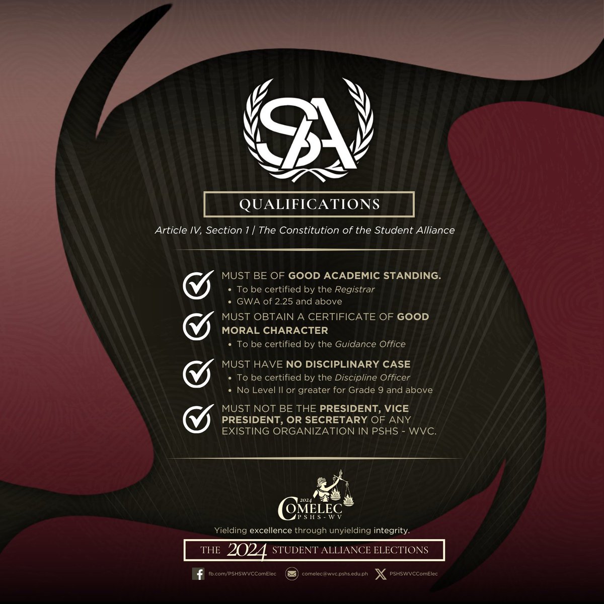 PSHSWVCComElec's tweet image. 𝗧𝗛𝗘 𝗦𝗧𝗨𝗗𝗘𝗡𝗧 𝗔𝗟𝗟𝗜𝗔𝗡𝗖𝗘 is a group of elected PSHS-WVC scholars aiming to embody and promote the ideals, interests and welfare of the school and the student body. 💥

#SA2024Elections