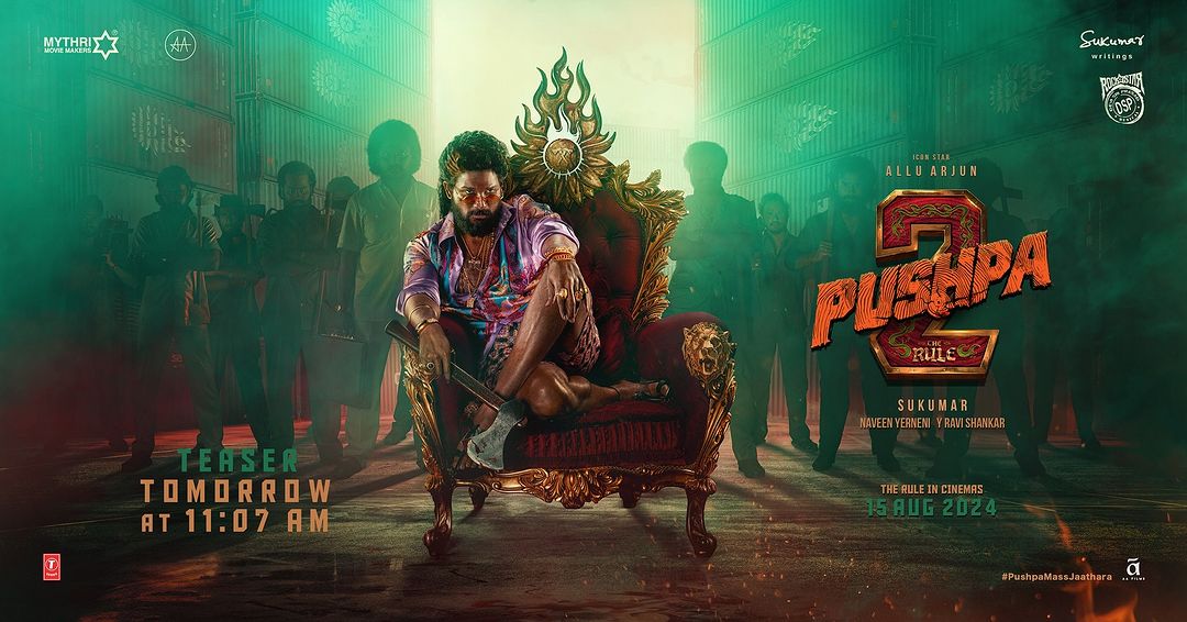 Who is excited? The teaser of #Pushpa2TheRule will be out tomorrow, on the occasion of @alluarjun's birthday 🎉💫 #AlluArjun𓃵 #alluarjunbirthday #Pushpa2TheRuleTeaser #Pushpa2 #Sukumar