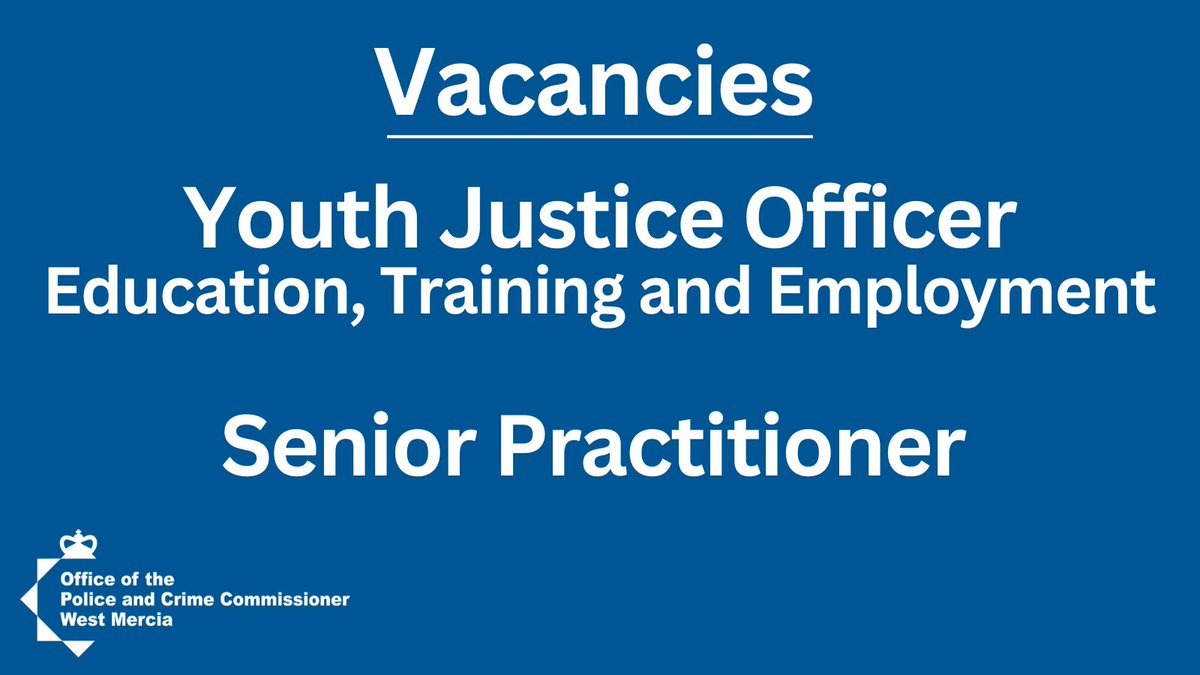 There are two vacancies within the Youth Justice branch of the Office of the PCC, more information for these are available on the @wmerciapolice website. Youth Justice Officer - pulse.ly/yaunh5r9al Senior Practitioner - pulse.ly/r54fsg621o #Jobs #Vacancy #Career #Apply