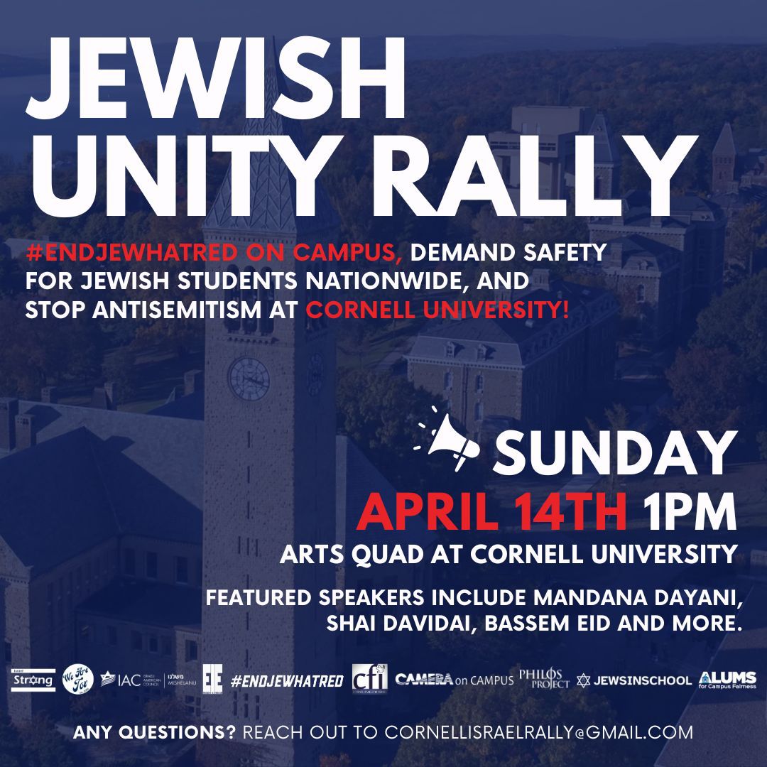 Join me and many others for a Jewish Unity Rally at Cornell University next Sunday, April 14. Jews and non-Jews are invited to stand against antisemitism which is all too rampant on college campuses, throughout the USA, and around the world.