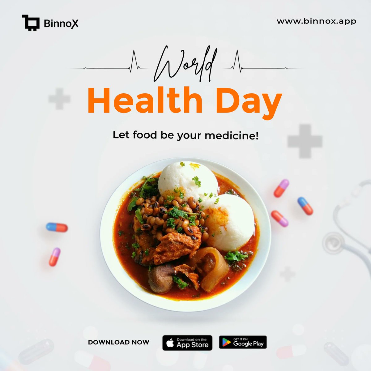 🌍🥗 Happy World Health Day from Binnox! 🌟 Let's celebrate by nourishing our bodies with delicious meals delivered right to our doorstep! 🚀 Remember, good food = good mood! 😋

 #BinnoxBites #HealthyEats #WorldHealthDay2024 #Nigerians #londontolagos