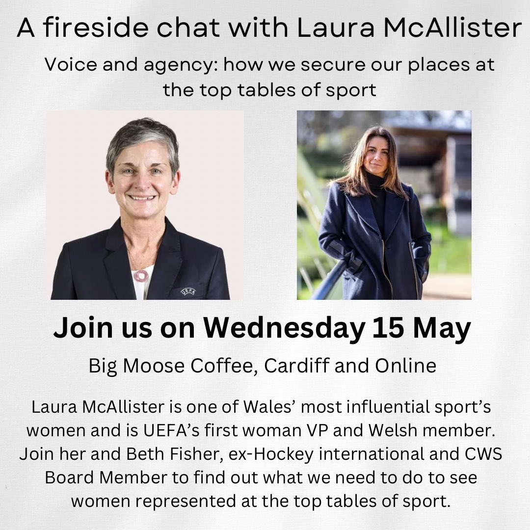 So excited @LauraMcAllister & @BethFisherSport are joining us on 15 May @ Big Moose Coffee, Cardiff/online Cyffrous iawn ar gyfer ein digwyddiad gyda @LauraMcAllister a @BethFisherSport ar 15 Mai ar Big Moose Coffi yng Nghaerdydd/ar lein Tickets/tocynnau tickettailor.com/events/cymruwo…