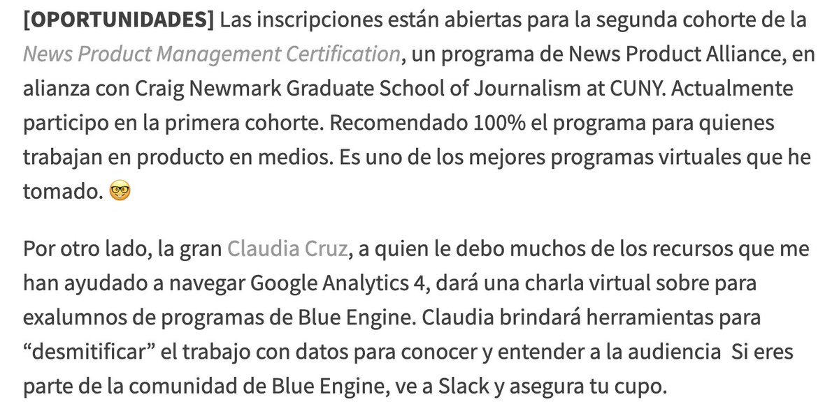 ➡️ News Product Management Certification, de @newsproduct. Recomendado 💯 ➡️ Una charla sobre @googleanalytics 4, al que todos seguimos odiando, con @ccruz. Recomendado 💯 Más en nochesdemedia.com/2024/04/07/int…