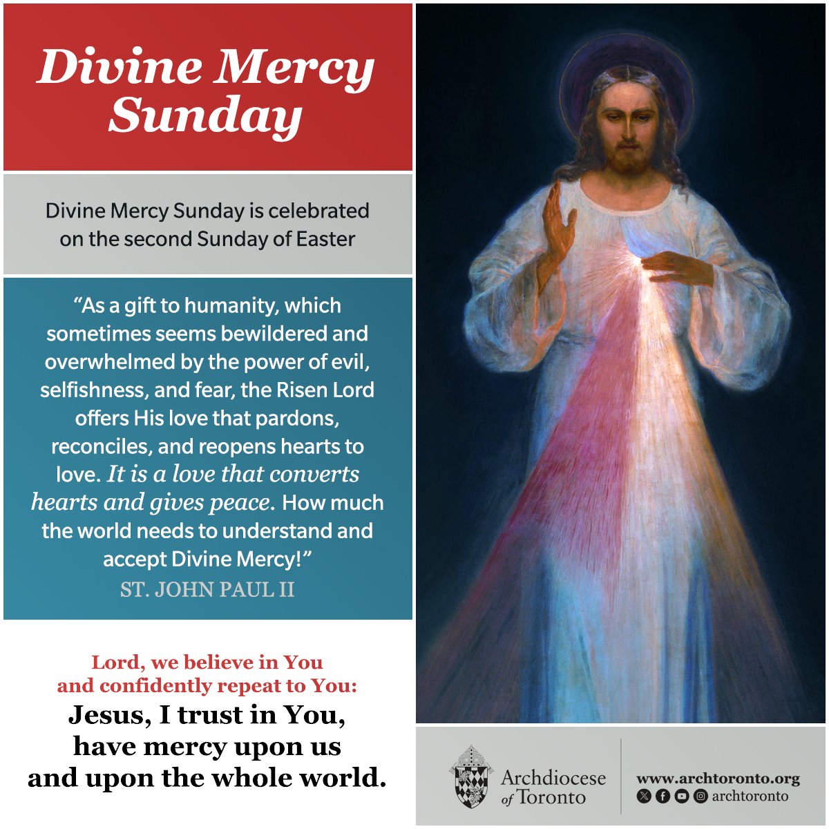 As we celebrate #DivineMercy Sunday on this second Sunday of Easter, let us pray: Jesus, I trust in You, have mercy upon us and upon the whole world.
