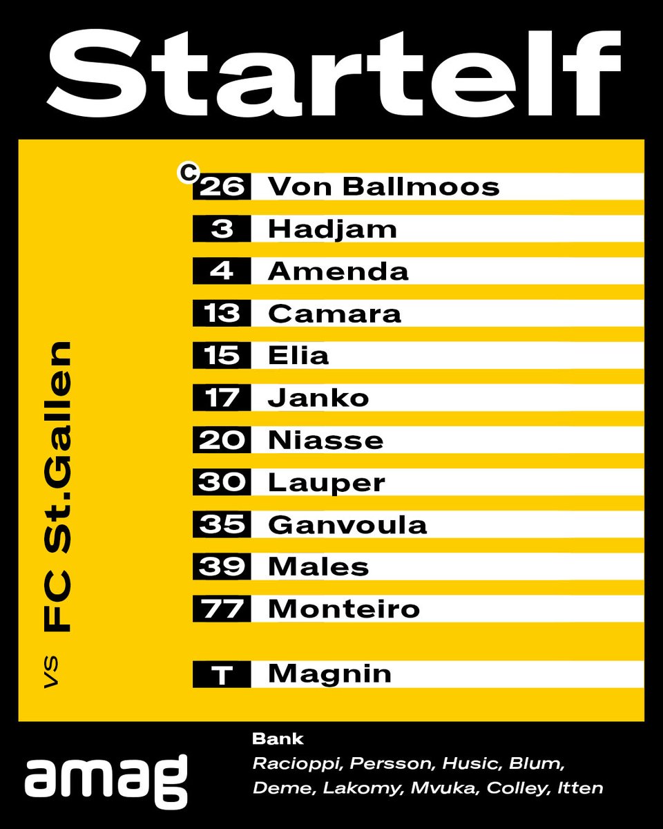 STARTING 1️⃣1️⃣ So spielt YB heute gegen St. Gallen 💛🖤 YB ohne Benito, Lustenberger, Ugrinic (verletzt), Imeri (rekonvaleszent), Marzino (U21). #bscyb #ybforever #sgyb @AMAG_Media