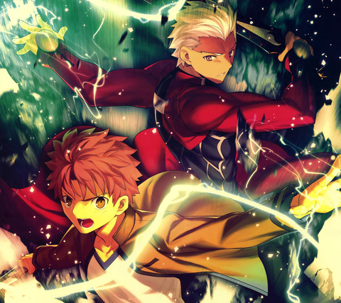archer (fate) ,emiya shirou looking at viewer open mouth shirt long sleeves holding brown eyes jacket  illustration images