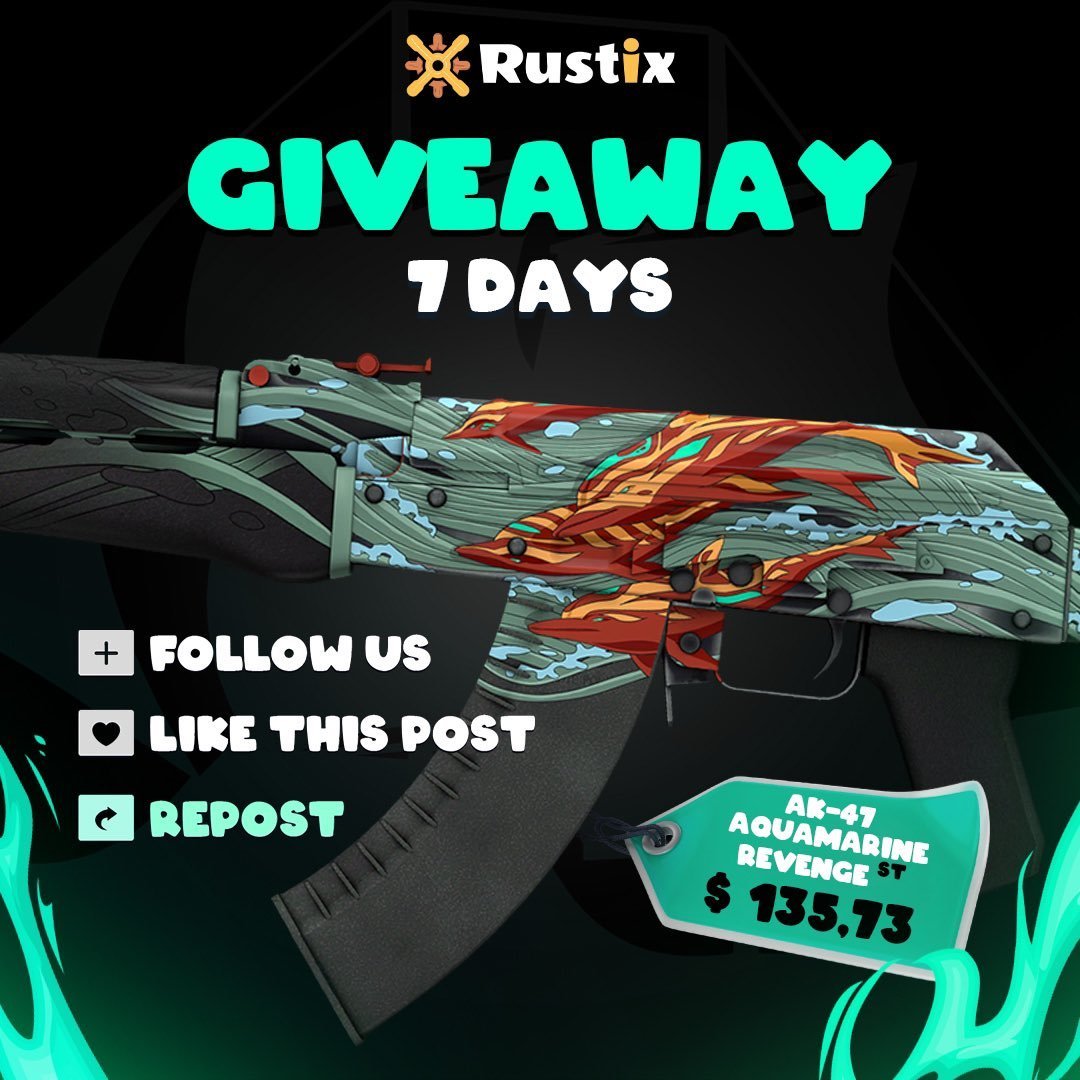 $135.73 GIVEAWAY! 🥳 AK-47 | Aquamarine Revenge ST To enter: ✅ Follow us & @Rustix_io ✅ Retweet & Like Ends in 7 days, Best of Luck! 🍀