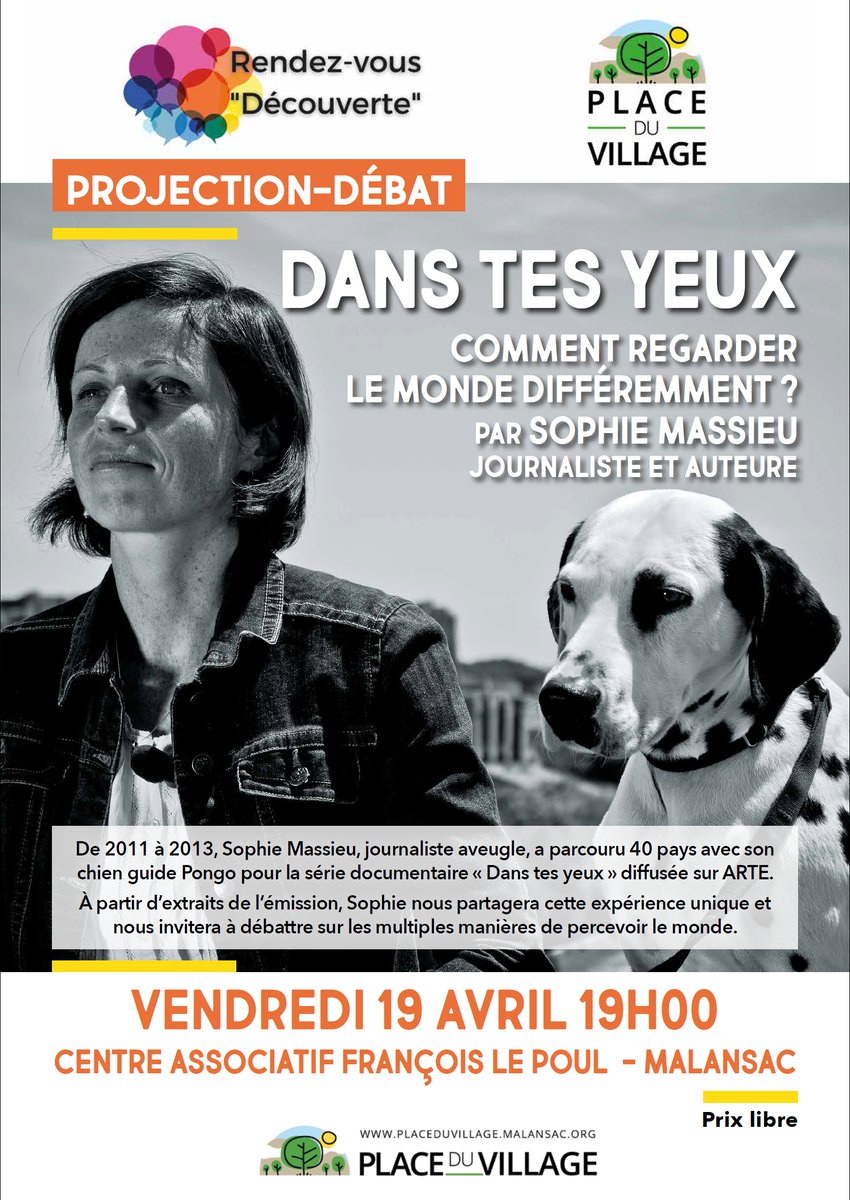 #ProjectionDébat Vendredi 19 avril à 19h, retrouvez Sophie pour un "Rendez-vous découverte" organisé par Place du Village Malansac.
Intitulée "Dans tes yeux : comment regarder le monde différemment", cette soirée reviendra sur le parcours de Sophie... vu.fr/YUJN