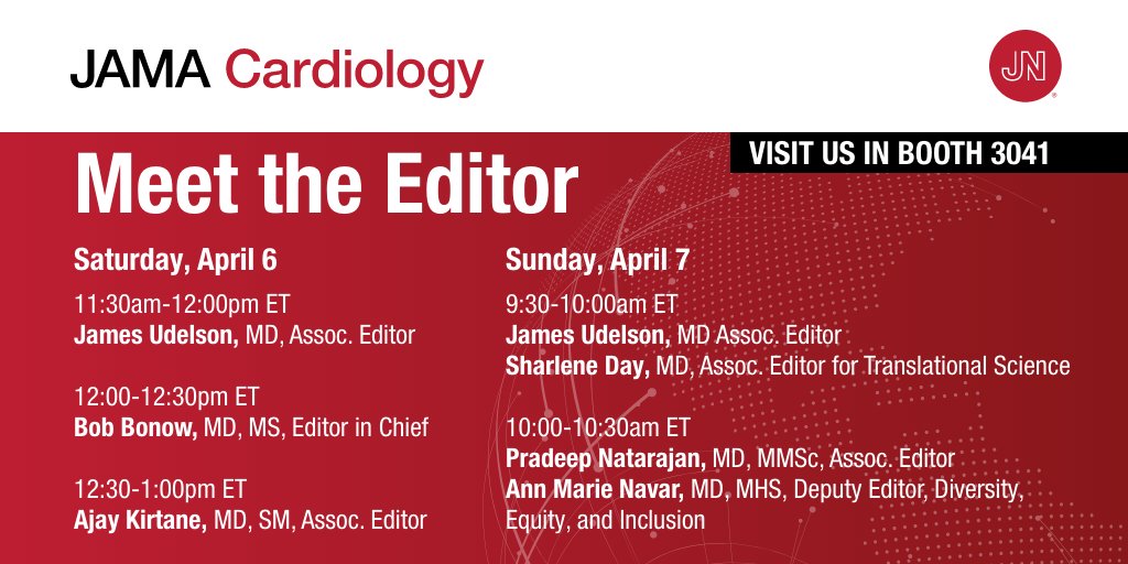 Meet @JAMACardio editor @AnnMarieNavar at #ACC24. She will be at booth 3041 in the exhibit hall today, Sunday April 7, 10:00-10:30am to answer questions and talk with you about your research and publishing opportunities with the JAMA Network