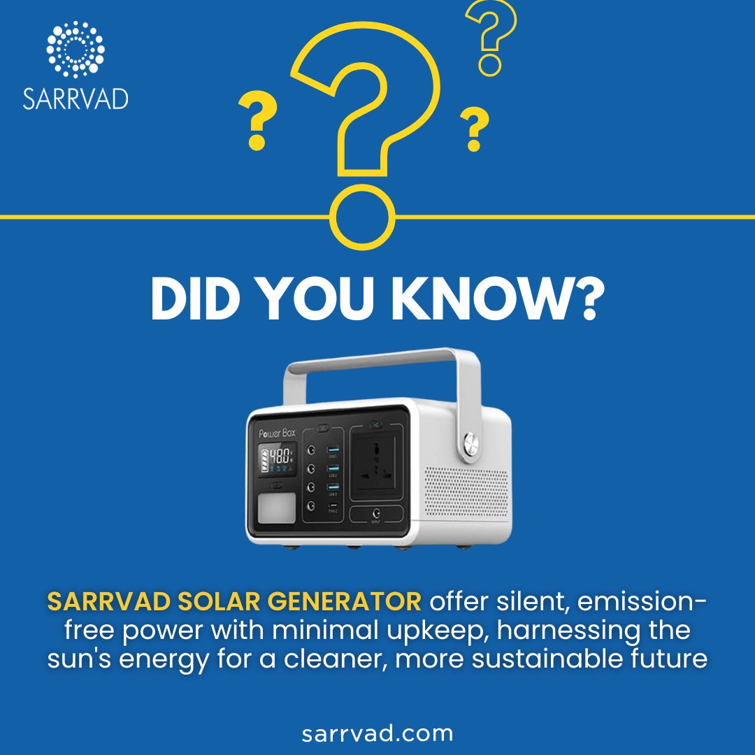 Sarrvad Solar Generators: Embrace the quiet power and effortless energy, with low maintenance and high impact for a greener tomorrow.

#SarrvadSolarPower #QuietEnergy #EcoFriendlyPower #SolarInnovation #GreenGenerator #MaintenanceFreeEnergy
#ExhaustFreeLiving #SustainableStrength