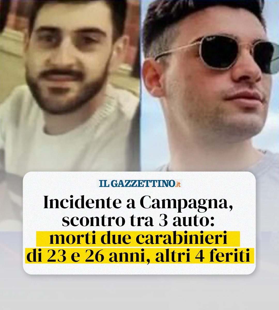 Profondo cordoglio per la tragica scomparsa di due carabinieri in un incidente stradale a Campagna, in provincia di Salerno. Le nostre più sentite condoglianze alle famiglie, ai colleghi e la nostra vicinanza alle persone rimaste ferite.