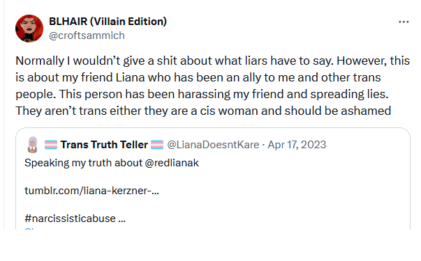 LianaDoesntKare's tweet image. Oh look, another #flyingmonkey of #narcissisticabuser @redlianak, still trying to perpetuate the lie that anyone who holds Liana accountable is the one woman who Liana could not bully into silence.