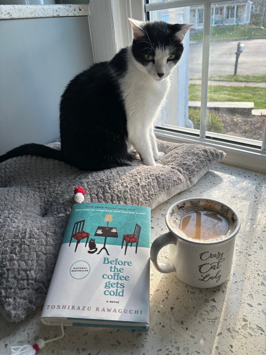 Little Murray Sparklenose has been enjoying BEFORE THE COFFEE GETS COLD by Toshikazu Kawaguchi. If you haven't immersed yourself in this cozy little magical realism series (with a cat and a coffee, of course!) what have you been doing?? Spy that crochet bookmark, too! 🍄