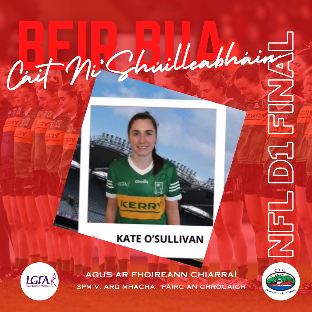 🏆 Best of luck our very own Kate O’Sullivan named on today’s panel in the Lidl Ladies NFL Final v Armagh today

Let’s bring the win back to the Kingdom for back-to-back 👑 

Go n-éirí go geal le Kate, Louise, Niamh, Ciara agus ar fhoireann Chiarraí

Ciarraí abú! 💚💛