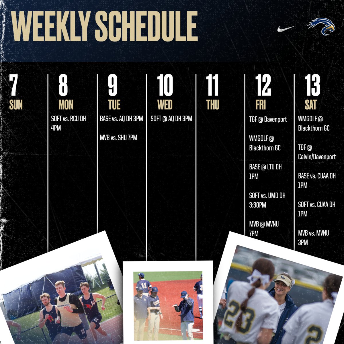 Cornerstone Athletics (@cuathletics) on Twitter photo Take a look at the week ahead in <a href="/CornerstoneU/">CornerstoneU</a> athletics!
Softball, Baseball, and Men's Volleyball highlights the home events.
Track and Golf are back in action over the weekend.
#TogetherweSOAR Take a look at the week ahead in <a href="/CornerstoneU/">CornerstoneU</a> athletics!
Softball, Baseball, and Men's Volleyball highlights the home events.
Track and Golf are back in action over the weekend.
#TogetherweSOAR