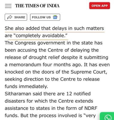 Amit Shah’s jumla and lies exposed by none other than Smt. Nirmla Sitaraman! She admits delay in drought relief is from Central Government and she says it is “completely avoidable.” Home Minister had bogusly tried to blame state govt. Record is set right by FM.