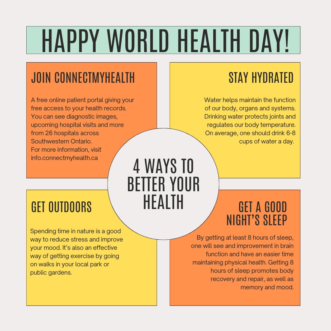 Today is World Health Day 🌎🌟 Become inspired by our 4 Ways to Better your Health! One great way to be informed and keep track of your health records is through ConnectMyHealth, a free online patient portal. Register today: info.connectmyhealth.ca #ConnectMyHealth #OHT