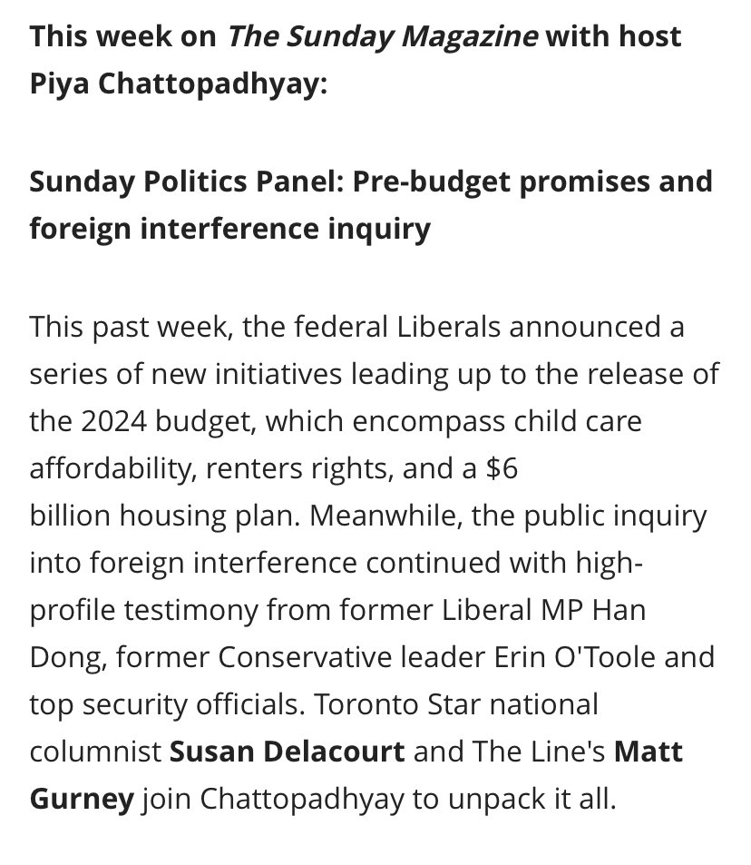 Listening to @piya hosting @CBCSunday with panelists @susandelacourt and @mattgurney with a lively discussion on the budget and foreign interference. 

I agree with Susan that Poilievre’s brash approach in parliament is rattling members. 

Copying Trump is moronic.