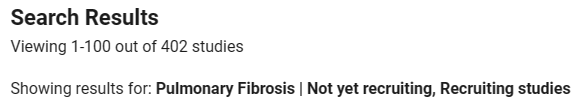 More on research in #pulmonaryfibrosis, to uncover new treatments, diagnostic tests, biomarkers and mechanisms of disease - there is A LOT (!) happening. 402 studies registered on ClincalTrials.gov. Hope this gives people some hope for the future! 
clinicaltrials.gov/search?cond=Pu…