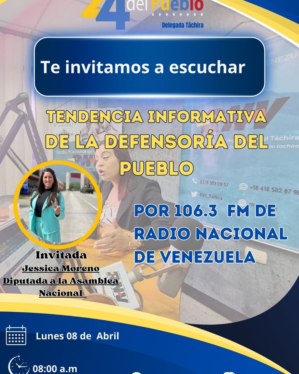 Este lunes 8 de abril a partir de las 8 am por <a href="/RNV_Tachira/">RNV Tachira</a> Tendencia Informativa de la Defensoria del Pueblo bajo la conducción de la Defensora Delegada Celeste Buitrago. <a href="/Defensoria_Vzla/">Defensor del Pueblo</a>  <a href="/aruizddp/">Alfredo Ruiz</a>