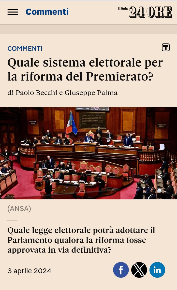 Una analisi a firma mia e di P. Becchi su quale modello elettorale adottare a seguito della riforma costituzionale. Sul #Sole24Ore del 3 aprile. Qui per leggere l'articolo 👇 google.com/amp/s/amp24.il… #elezionedirettapresidentedelconsiglio #premierato