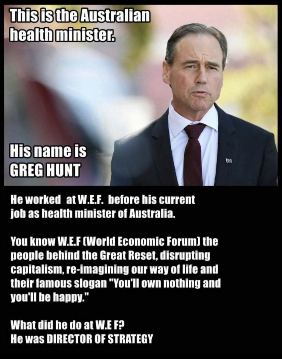 Greg Hunt wanted for crimes against humanity. Lied about the shots saying they are vaccines instead of gene therapy. Makes money out of Graphene which Pfizer and Moderna have included in their shots.