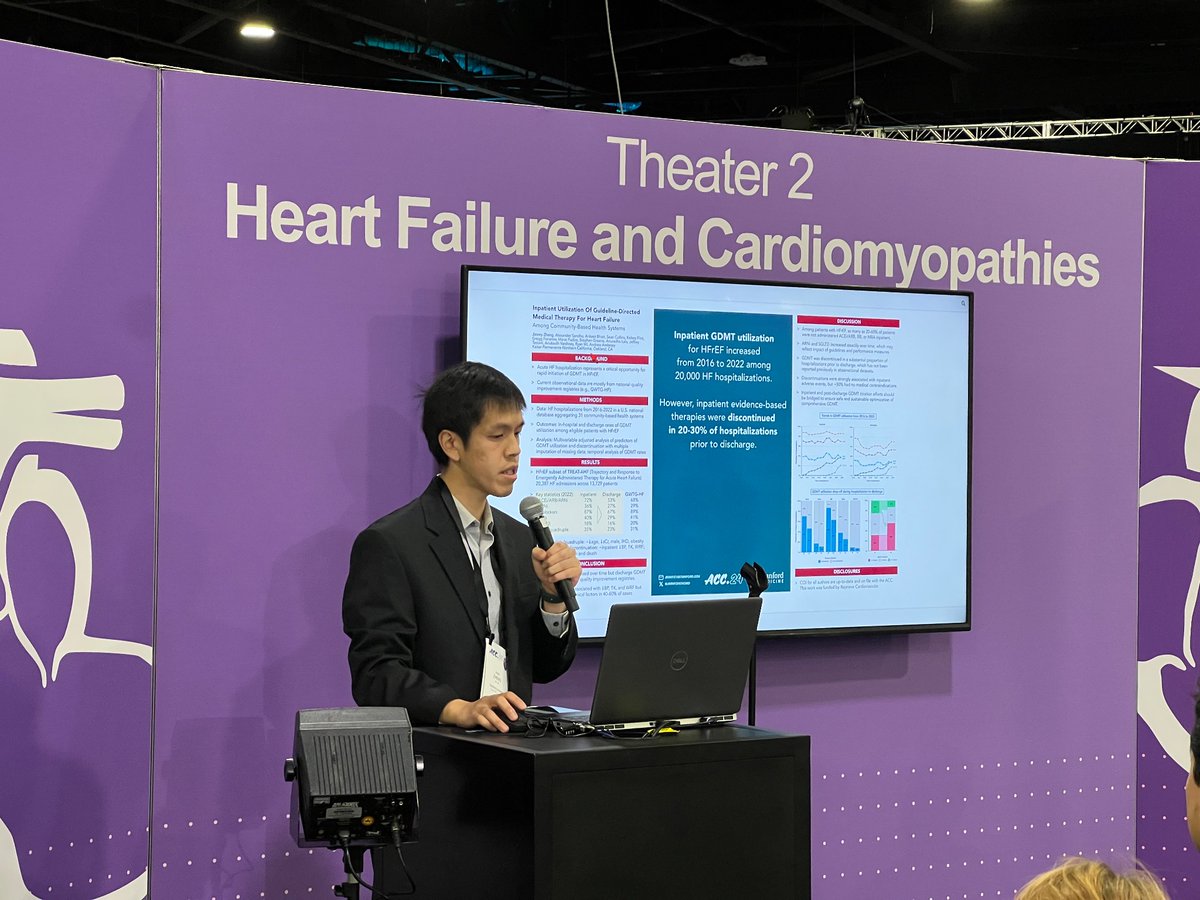 @JimmyZhengMD describing GDMT rates across 20K hospitalizations in novel EHR dataset of national hospitals finding high discontinuation rates of inpatient GDMT #ACC24. @KPHeartDoc @StanfordDeptMed