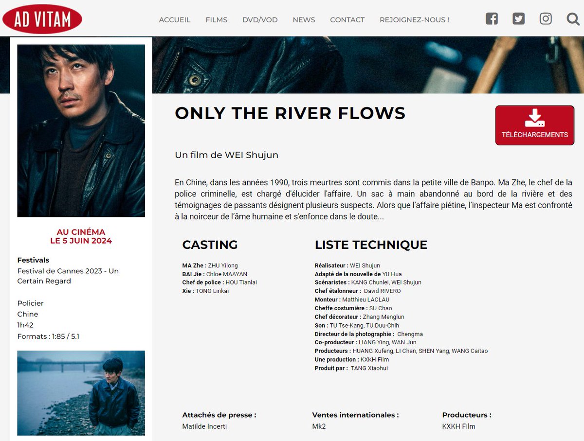 อัปเดตจากหน้าเว็บ @AdVitam_distrib ภ.#OnlytheRiverFlows #河边的错误 ในโรงภาพยนตร์รอบปกติที่ฝรั่งเศสวันที่ 5 มิถุนายนค่ะ 🔗advitamdistribution.com/films/only-the… 
#zhuyilong #朱一龙 #จูอี้หลง #หลงเกอ