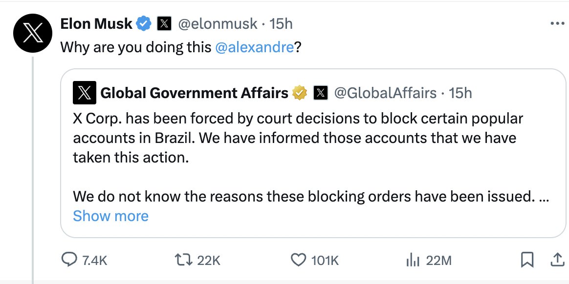 Last night @elonmusk vowed to honor the endless, repressive and due-process-free censorship orders from Brazil's Judge Alexandre de Moraes. The Judge has banned various journalists and members of Congress, among others, from social media. This would be a huge deal for Brazil: