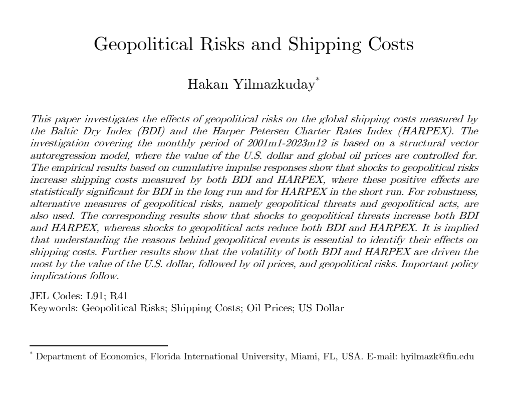 This brand-new working paper investigates the effects of geopolitical risks on the global shipping costs measured by the Baltic Dry Index (BDI) and the Harper Petersen Charter Rates Index (HARPEX). ssrn.com/abstract=47869… The investigation covering the monthly period of…