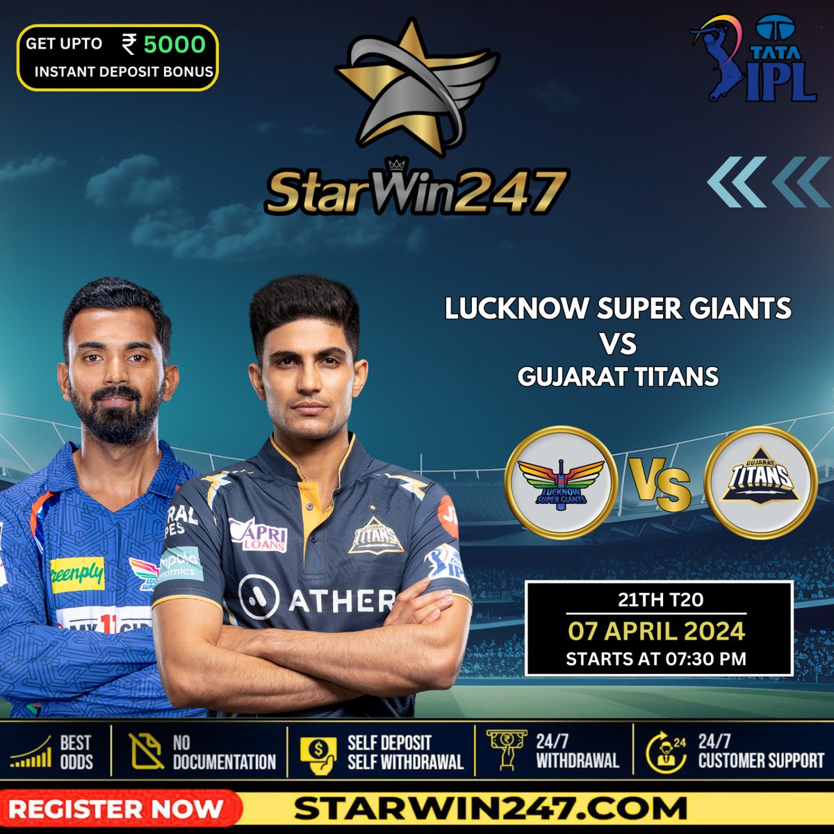 Starwin247's tweet photo. Can #LSG Will Start Their Winning Against #GT
HEAD TO HEAD #GT 4 -0 #LSG

Play Now 👉🏻 https://t.co/srrAf4e2bN

▪️Match Odds
▪️Runline/Fancy
▪️Cash Out
▪️24/7 Service 
Play Now and Win Big!!
https://t.co/srrAf4e2bN
#GTvsLSG
#IPL2024
#IPLT20
#GujaratTitans 
#LucknowSuperGiants https://t.co/AV2woPlMGh
