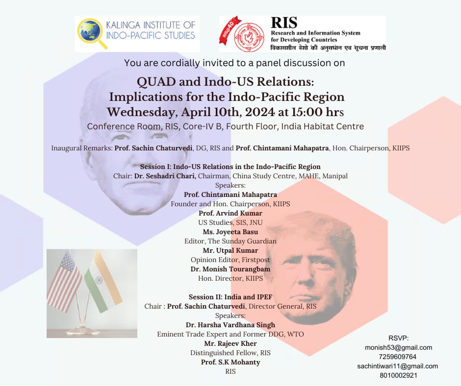 KIIPS is going to hold a panel discussion in collaboration with RIS that will focus on implications of current political developments in the US on Quad, IPEF and other aspects of Indo-US ties. Reputed economists, academic experts and senior journalists will exchange views.