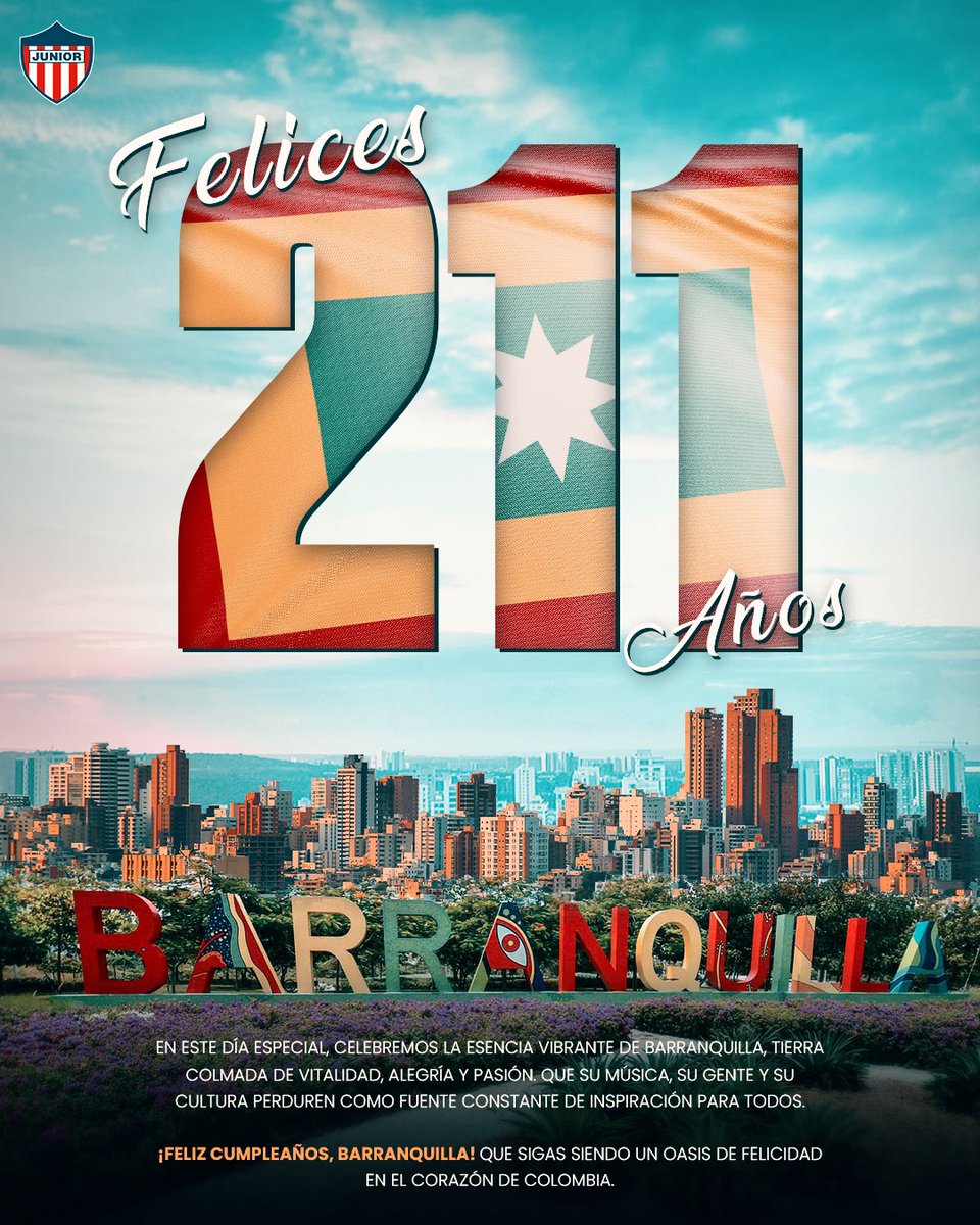 JuniorClubSA's tweet photo. 🎉🎂 ¡FELIZ CUMPLEAÑOS, BARRANQUILLA! 
En este día especial, nos unimos a la celebración de los 211 años de Barranquilla.
 ¡Eres la cuna de nuestra pasión por el fútbol y el amor por nuestros colores! 
¡Felicidades, Barranquilla! ❤️🤍❤️ https://t.co/dYws6Snj0H