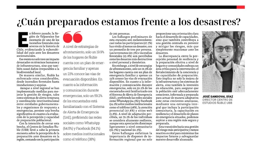 Columna de hoy en La Discusión. Se presentan los primeros hallazgos de la encuesta de percepción y preparación ante procesos de riesgo de desastre en Ñuble, datos que próximamente lanzare Link: (Página 15 papel.ladiscusion.cl/papeldigital/2…) @vripubb @ubbchile @ladiscusioncl @goredenuble