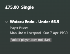 JCValueBets's tweet photo. Wataru Endo Under 66.5 passes - Manchester United v Liverpool. My price is 1.49 #bettingtips #bettingsport #PlayerProps #PlayerPropBets #football #footballbetting https://t.co/Lq1PDoKhoY