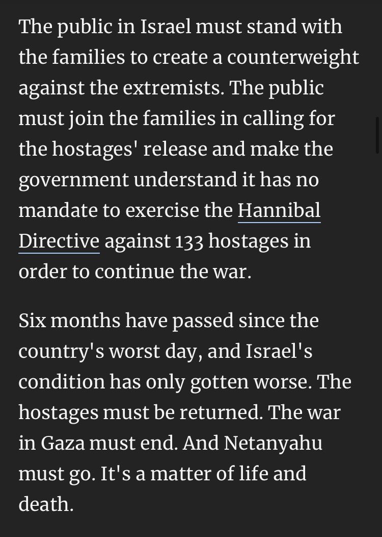 “Every day that passes without a hostage deal is torture for each and every one of them, and a living hell for their families. The hostages must be returned. The war in Gaza must end. And Netanyahu must go. It's a matter of life and death.” / @haaretzcom haaretz.com/opinion/editor…